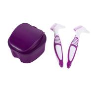 Garneck Portable Denture Toothbrush with Case for False Teeth Cleaning, Double Sided Brush, Lightweight Plastic Material, Travel Denture Cleaning Kit in Purple
