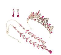 Garneck Rhinestone Bridal Jewelry Set for Women Red Crown Tiara Necklace Earrings Three Piece Wedding Birthday Party Accessories Elegant Design Durable Craftsmanship