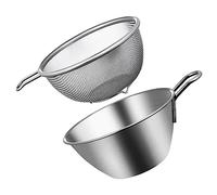Garneck Stainless Steel Egg Mixing Bowl Handle and Fine Mesh Colander Strainer Set, Small Size, Metal Kitchen Sieve for Salad, Cream Beating, and Rice Washing