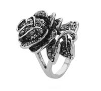 Garneck Vintage Black Rose Ring Multilayer Petals Design Silver Band with Precise Diamond Cut for Women Elegant Statement Jewelry