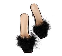 Garneck Women Beach Shoes Flip Flops Closed Toe Sandals Fluffy Decor High Heel Square Sandals