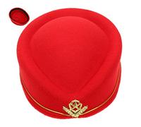 Garneck Woolen Stewardess Retro Flight Attendant Cap Cosplay Costume Air Hostess Beret with Red and Gold for Ladies Party and Stage Performance