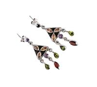 Garnet 8x4mm Marquise, Citrine 6x3mm, Amethyst 4mm & Peridot 5x3mm Faceted 925 Silver Dangle Earrings Multicolored Gemstone Drop Jewelry