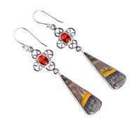 Garnet & Bumblebee Jasper Earrings 7x5mm Oval & 30x10mm Pear Cabochon 925 Sterling Silver Dangle Earrings Handmade Bold Red Yellow Gemstone Jewelry Gift