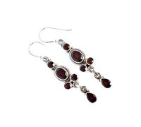 Garnet Earrings Mixed Shapes 8x5mm Oval, 7x5mm Oval, 4mm Round Faceted 925 Sterling Silver Dangle Earrings Rich Red Gem Trio for Women