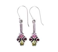 Garnet Peridot Pink Quartz Earrings 3mm 5x3mm 4mm Round Faceted Stones 925 Sterling Silver Dangle Earrings Trio Gem Handmade Jewelry Romantic Gift for Women Colorful Shine