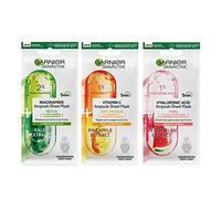 Garnier Ampoule Sheet Masks, Set Of 3 - 1% Vitamin Cg + Pineapple To Brighten Skin, 1% Hyaluronic Acid + Watermelon To Replump Skin, 2% Niacinamide + Kale To Rebalance Oily Skin, Fast Action 5 mins.