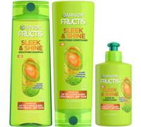 Garnier Fructis Sleek & Shine Shampoo Conditioner + Leave-In Conditioer Set for Frizzy Dry Hair Plant Keratin + Argan Oil (3 Items) 1 Kit (Pa