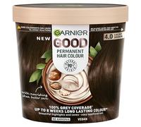 Garnier GOOD Permanent Hair Dye, 4.0 Cacao Brown. Achieve 100% grey coverage and 8-week colour. No ammonia, vegan shea butter formula offers rich, natural tones for all hair types.