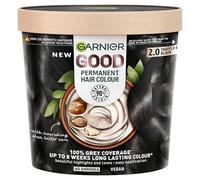 Garnier GOOD Permanent Hair Dye, 2.0 Truffle Soft Black. Provides 100% grey coverage and 8-week colour. No ammonia, vegan shea butter formula for deep, soft black on all hair types.