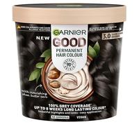 Garnier GOOD Permanent Hair Dye, 3.0 Dark Chocolate Brown. Provides 100% grey coverage and 8-week colour. No ammonia, vegan shea butter formula for rich, deep tones on all hair types.