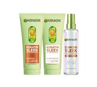 Garnier Keratin Sl rizz Control & Shine Haircare Bundle 3 Pieces | Shampoo, conditioner and smoothing spray for sleek, shiny hair with frizz control and glass shine.