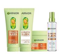 Garnier Keratin Sleek Ultimate Hair Bundle: Shampoo, Conditioner, Mask and Diamond Sleek Spray - Complete 4-Piece Anti-Frizz & Smoothing Set