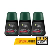 Garnier Men Action Control+ Roll-on Deodorant 96H Excessive Sweat Protect 3-Pack