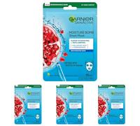 Garnier Moisture Bomb Pomegranate and Hyaluronic Acid Sheet Mask, Super Hydrating & Replumping Face Mask, For Dehydrated Skin, Biodegradable and Vegan Tissue, 28g (Pack of 4)