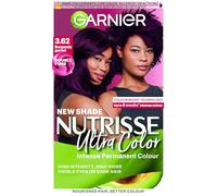 Garnier Nutrisse Ultra Color Hair Dye, Vegan, 3.62 Burgundy Garnet. Provides 100% grey coverage and rich, jewel-toned 8-week colour. This no-ammonia, vegan formula creates a stunning burgundy garnet.