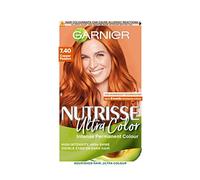 Garnier Nutrisse Ultra Color Hair Dye, Vegan, 7.40 Copper Passion. Delivers 100% grey coverage and a vibrant, fiery 8-week colour. This no-ammonia, vegan formula ignites your hair with copper passion.