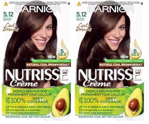 Garnier Nutrisse Ultra Crème Vegan Hair Dye, 5.12 Glacial Brown. Offers 100% grey coverage and cool, sophisticated 8-w olour. This no-ammonia, vegan formula cares for your hair while coloring.