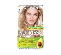 Garnier Nutrisse Ultra Crème Vegan Hair Dye, 9 Light Blonde. Provides 100% grey coverage and bright, luminous 8-week colour. Gentle, no-ammonia, and vegan for a stunning, light blonde transformation.