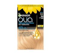 Garnier Olia 112 Super Light Beige Blond, no-ammonia permanent dye. Oil-powered for ultra-luminous, long-lasting results and shine, a beautifully super light beige blonde look.