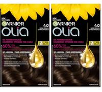 Garnier Olia Hair Dye, Hair Colour, 100% Grey Coverage, No Ammonia, Oil-Powered for Luminous, Long-Lasting, Vibrant Hair Color, Shade: 4.0 Dark Brown (Pack of 2)