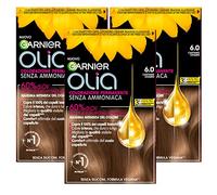 Garnier Olia Permanent Hair Colour, Ammonia Free, Natural Source Flower Oil Dye Brightening and Nourishing Colour 6.0 Light Brown 3 Packs