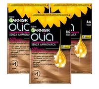 Garnier Olia Permanent Hair Dye Without Ammonia, Coloration with Natural Flower Oils for Illuminating and Nourishing Action, Light Blonde Color 8.0 - 3 Packs
