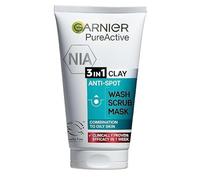 Garnier Pure Active 3in1 Clay Mask Wash Scrub 150ml, With Clay, Eucalyptus & Salicylic Acid, Face Cleanser For Oily Skin