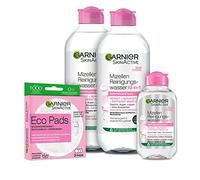 Garnier SkinActive Micellar Set 2x 400ml + 1x Mini 100ml Micellar Cleansing Water + Reusable Eco Pads for Facial Cleansing suitable for Normal and Sensitive Skin
