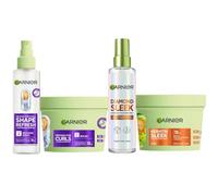 Garnier Sl urly Complete Hair Care Bundle | Keratin Sleek Mask & Shine Spray + Method for Curls Mask & Defining Spray | 4-Piece Frizz Control & Hydration Set