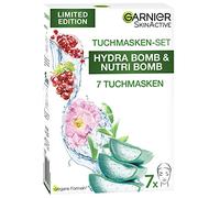 Garnier tissue Mask Set for All Skin Types, 7 Face Masks for Dry to Normal Skin and Combination Skin, Vegan Formula with Hyaluronic Acid, Limited Edition, Hydra Bomb and Nutri Bomb Mask Set, 7 x 28 g