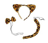 GAROZATION 3 Sets Leopard Print Cat Ears Headband Bow Tie Tail Soft Plush Tail Flexible for Costume Party Elastic Hairband Animal Ears Accessories for Adults Cosplay