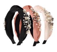 GAROZATION 3pcs Pearl Knotted Headbands for Vintage Style Wide Cloth Hairbands with Plastic and Pearl Decoration for Casual Dress and Elegant Daily Wear