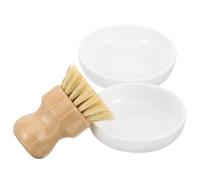 GAROZATION Bamboo and Wood Palm Kitchen Pot Brush Set with Drainage Dish, Small Multi-use Palm Scrubber for Wok and Cookware Cleaning, Includes 2 Ceramic Soap Dish Holders