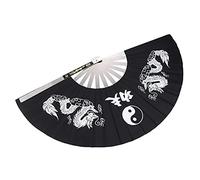 GAROZATION Black Stainless Steel Folding Fan Handheld with Chinese Long Pattern Design, Portable and Foldable Martial Art Hand Fan for Tai Chi Fitness and Summer Hot Days