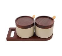 GAROZATION Ceramic Condiment Jars Set with Wooden Lids and Serving Spoons, Stylish Japanese Spice Containers for Convenient Condiment Storage and Organized Kitchen Use at Home or Café