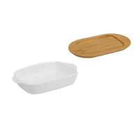 GAROZATION Ceramic Roasting Pan with Handles and Wooden Lid, Easy to Clean Multi-Function Baking Tray for Oven Cooking, Simple Design White Tray for Kitchen and Dining Use