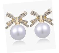 GAROZATION Pearl Bow Earrings for Women Elegant Dangle Pearl Drop Earrings Rhinestone Embellished Studs for Parties Birthdays and Special Occasions