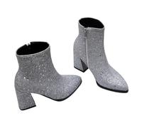 GAROZATION Silver Sequined Pointed Toe Ankle Boots for Women, Autumn Winter High Heel Short Boots with Side Zipper and Hoof Heel, Stylish Women’S Winter Footwear Size 41