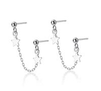 GAROZATION Sterling Silver Double Piercing Star Dangle Earrings for Women Chain Connected Tassel Design Lightweight Hypoallergenic Studs for Daily Wear and Special Occasions