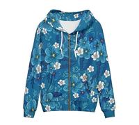 Garronmavis Boho Blue White Daisy Women's Zip Long Sleeve Sweatshirt Leave Flowers Casual Drawstring Jacket Floral Arts Drop Shoulder Full Zip Up Hoodie for Sport - M