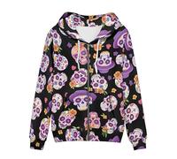 Garronmavis Mexico Sugar Skulls Women's Oversized Hoodies Flower Skul Sweatshirts Fleece Hooded Sweatshirt Teen Girl Day of Dead Fall Casual Clothes Zipper Jacket - L