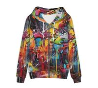 Garronmavis Splashing Painting Women's Zip Up Hoodie Graffiti Paintings Long Sleeve Fall Y2K Sweatshirts Abstract Arts Hooded Jacket for Casual, Daily Wear, Office - XL