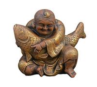 gartendekoparadies.de Buddha with Koi Carp, Stone Figure, H. 33 cm, 21 kg, Grey, Frost-Proof Made of Cast Stone for Outdoor Use (Gold)