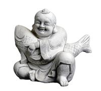 gartendekoparadies.de Buddha with Koi Carp, Stone Figure, H. 33 cm, 21 kg, Grey, Frost-Proof Made of Cast Stone for Outdoor Use (Grey)