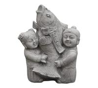 gartendekoparadies.de Japanese children's figure with Koi fish, stone figure, H. 43 cm, 18 kg, gray, frost-proof made of cast stone for outdoor use
