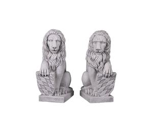 gartendekoparadies.de Statues Se Lions - Pair with Shield, Stone Figure, H. 40 cm, 29 kg, Grey, Frost-Proof Made of Cast Stone for Outdoor Use