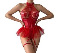 Garter Lingerie Set for Women Sexy PU Exotic Fishnet Bodysuit Leotard Teddy Tutu Nightwear Nightgown Sleepwear Costume Outfits Naughty (Black-A, L)