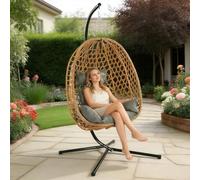 GartistGo Hanging Egg Chair with Stand, Foldable PE Rattan Swing Chair with Thick Cushion, 350LBS Capacity Outdoor Indoor Hammock Chair for Patio Garden Bedroom Living Room