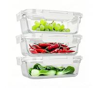 GARUET Glass Lunch Boxes with Lids - Set of 3 Rectangular 1040ml Containers - Airtight, Leak-proof, Microwave and Dishwasher Safe - Great for Snacks, Sauces and Lunch Boxes (White)